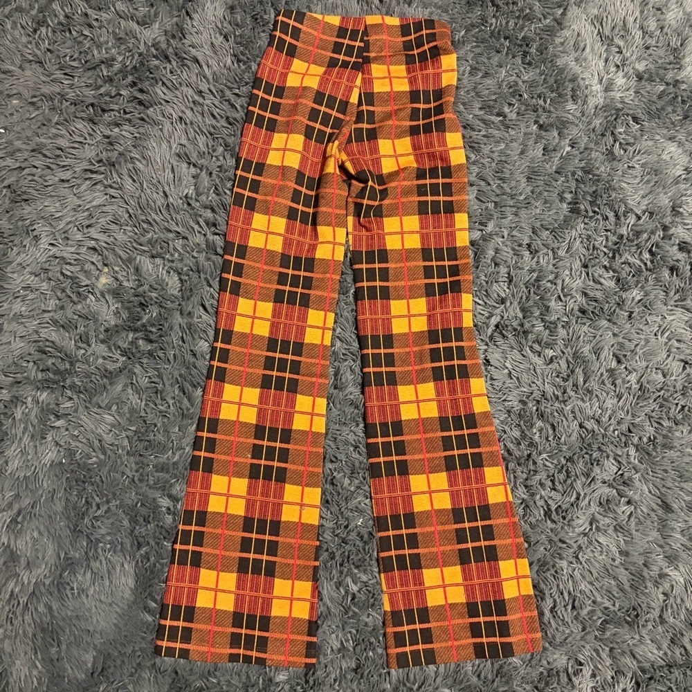 High-Rise Plaid Flared Pants in Yellow & Red